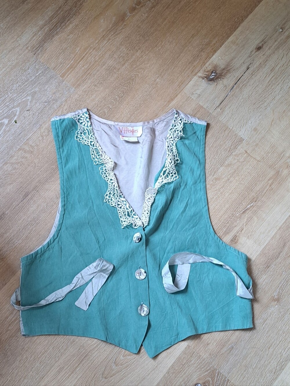 Vintage-Style Teal Lace-Trim Vest by